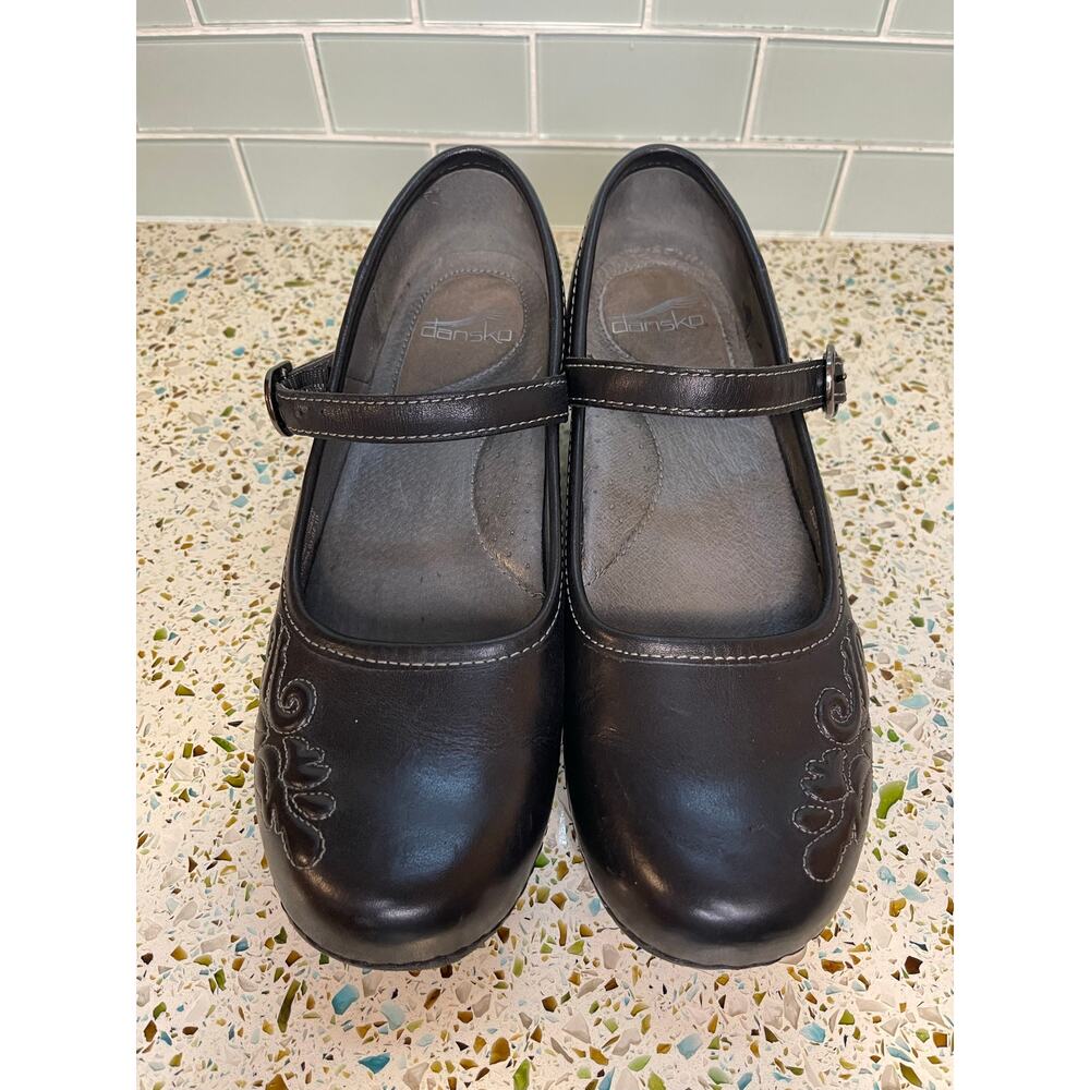 Dansko Mary Jane Clog Black Leather Embroidered Floral 39 8.5